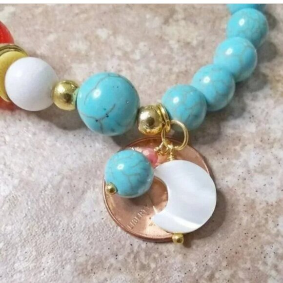 Beaded Bracelet! Mother of Pearl Moon Charm + Aqua Turquoise Howlite - 6.5-7" - Picture 5 of 9